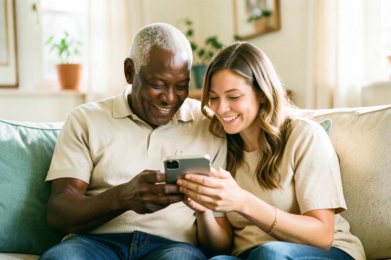 An older man and his adult daughter laughing together while looking at a phone.