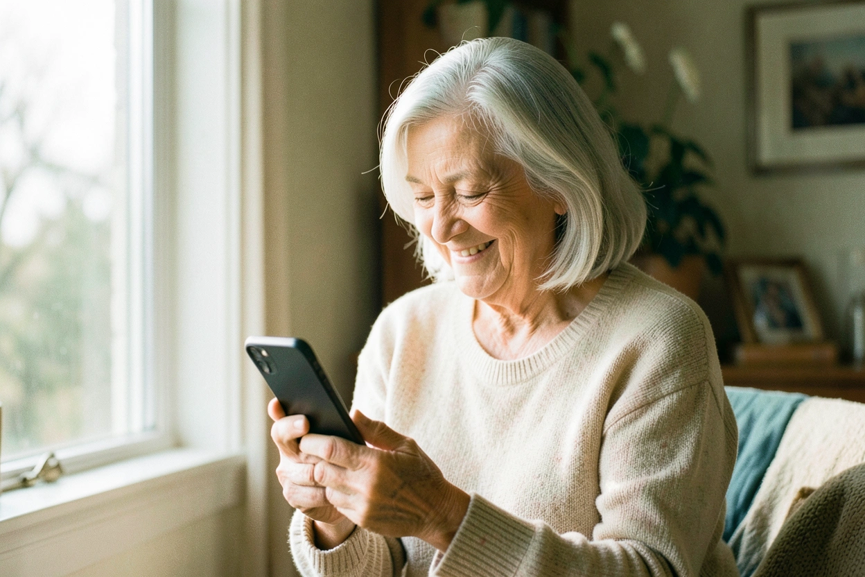 An older woman sitting by a sunny window, smiling as she reads a message on her phone.