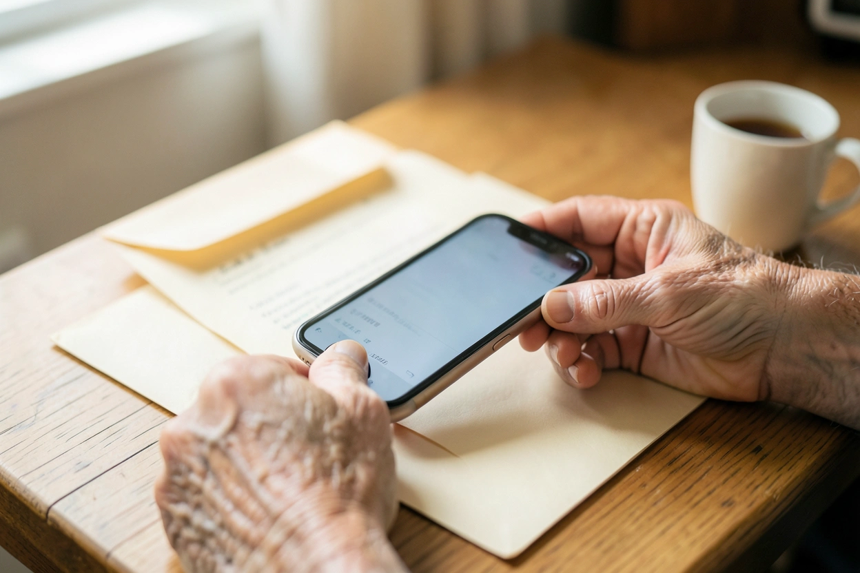 Elderly hands holding a phone over an opened letter on a kitchen table.